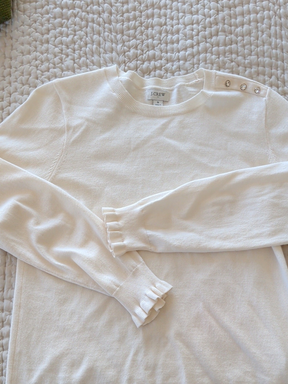 J. Crew Cream Crewneck Sweater with Ruffle Cuffs